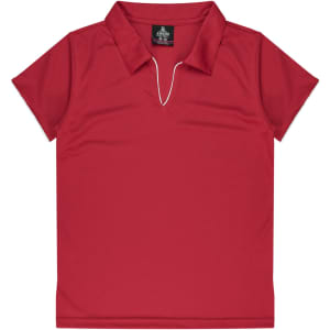 A red polo shirt with a v-neck design, featuring a collar and a logo on the label.