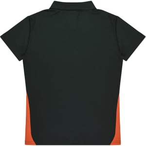 A dark green polo shirt with orange side panels and a collar, featuring a logo on the front.