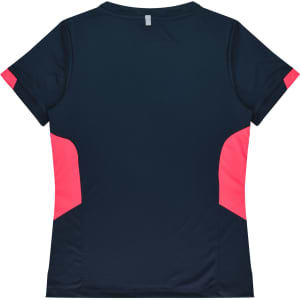 A navy blue t-shirt with pink accents on the sides and a logo at the back.