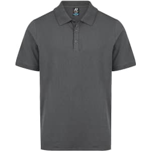 A grey polo shirt with a collar and three buttons, featuring a logo on the label.