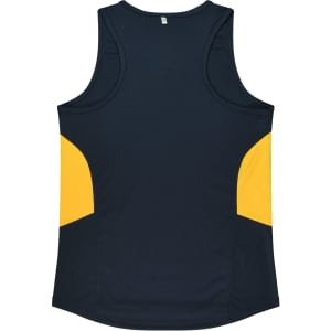 A navy blue singlet with yellow side panels. The back features no visible branding.