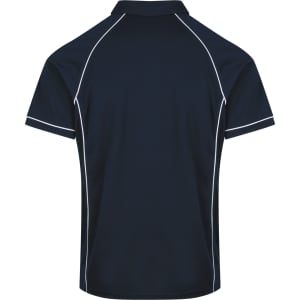 A navy polo shirt with white piping details, featuring a collar and short sleeves. It has a logo on the front.