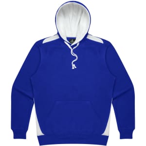 A blue hoodie with a white inner lining and side accents. It features a front pocket and a drawstring hood.