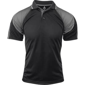 A black polo shirt with grey accents and a logo, featuring a classic collar and short sleeves.