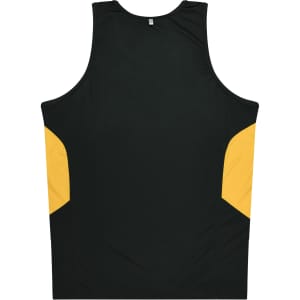 A black singlet with yellow side panels and a logo, designed for kids.