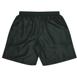 A pair of dark green sports shorts featuring an elastic waistband and a smooth finish.