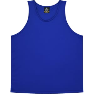 A blue singlet featuring a round neck and sleeveless design, with a branding label inside.