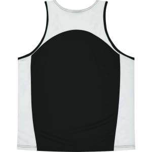 A back view of a black and white singlet featuring a rounded design and contrast stitching. It includes a logo.