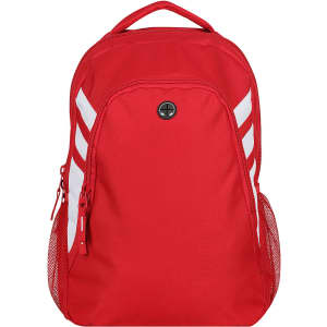 A red backpack with white stripes and a side mesh pocket, featuring a logo on the front.