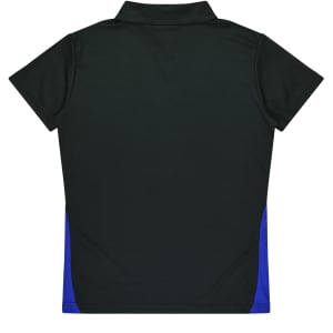 A dark green polo shirt with blue side panels and a collar, featuring a logo.