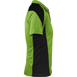 A green and black polo shirt featuring a contrasting design and a logo on the front.