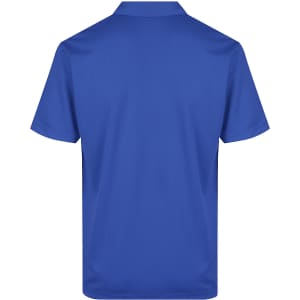 A blue men's polo shirt featuring a collar and short sleeves, with a logo on the design.