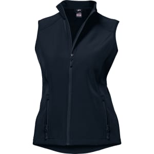 A black vest made from soft material with a high collar and zippered front and side pockets, featuring a logo.