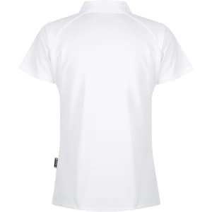 A white polo shirt with short sleeves and a collar, featuring a logo on the side.