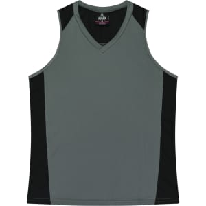 A grey singlet with black side panels and a v-neck design, featuring a logo on the inside label.