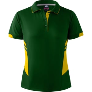 A green and yellow polo shirt with a collar and button placket, featuring a logo on the chest.