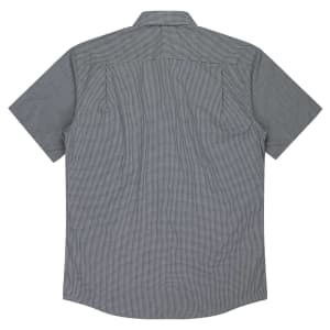 A short-sleeve button-up shirt in a grey check pattern, featuring a back yoke and logo branding.