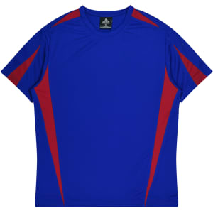 A blue t-shirt with red accents and a logo on the label, showcasing a sporty style.