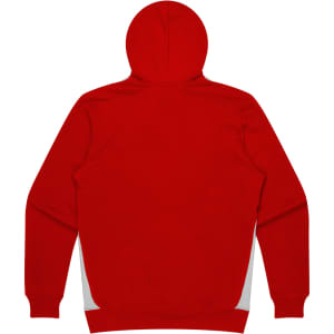 A red hoodie with a hood, featuring a plain back and side detailing. It has a logo.