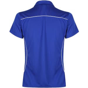 A blue polo shirt featuring a collared neckline and white accent detailing at the seams, with a logo.