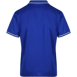 A blue polo shirt with contrasting white trim and a logo on the chest, featuring a classic style and back view.
