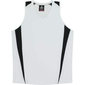 A white singlet with black accents and a v-neck design. The garment has a logo.