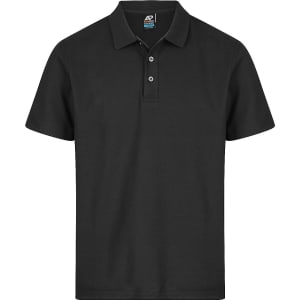 A black polo shirt with a collar and three-button placket, featuring a logo on the left chest area.