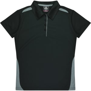 A dark green polo shirt with light grey accents and a three-button placket. It features a collar and short sleeves.