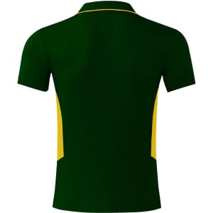 A men's polo shirt in dark green with yellow side panels and a collar, featuring a logo.