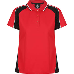 A red polo shirt with black accents, featuring a collar and buttons, and a logo on the label.