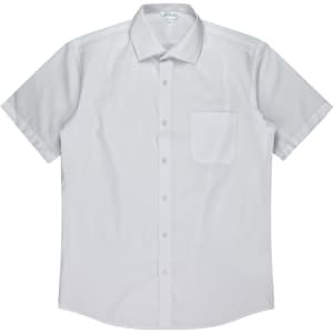 A short sleeve button-up shirt in light grey with a chest pocket and a logo.