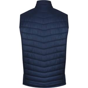 A navy blue men's vest with a quilted design, featuring a high collar and no sleeves. It includes a logo.