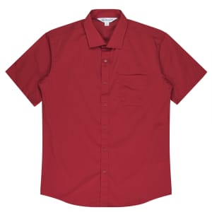 A short sleeve button-up shirt in deep red with a single chest pocket and a logo label on the collar.