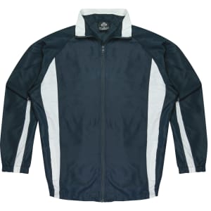 A navy and white tracktop jacket with a zip front and a stand-up collar. It features side panels and has a logo.