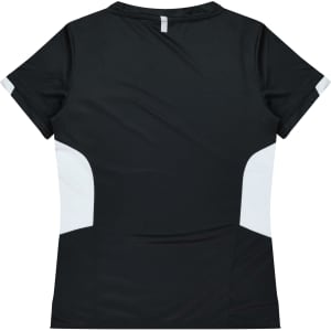 A black women's t-shirt with white accents on the sides and a discreet logo. Suitable for casual wear.