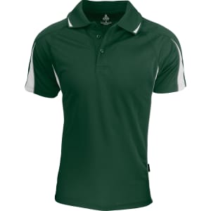A dark green polo shirt with white accents and a logo on the upper chest. Short sleeves and a classic collar design.