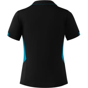 A black polo shirt with turquoise accents and a logo on the back. The shirt features a classic collar and short sleeves.
