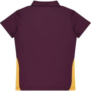 A maroon polo shirt with yellow side panels and a collar, featuring a branded logo.