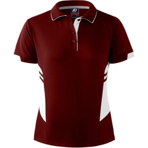 A maroon polo shirt for women with white accents and a logo on the collar. Suitable for casual wear.