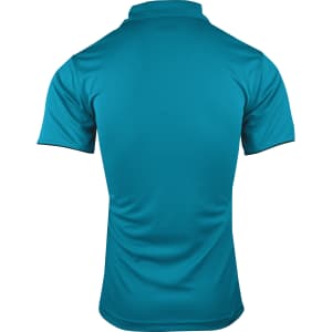 A men's polo shirt in teal, featuring a back view and a collar, with a logo on the side.