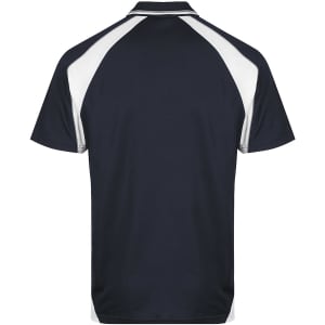 A navy polo shirt featuring white accents and a logo on the back. Suitable for casual or semi-formal wear.
