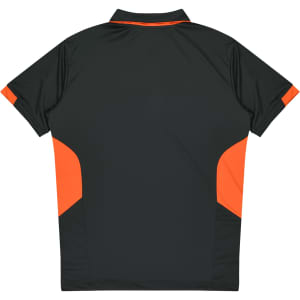A dark green polo shirt with orange accents featuring a logo. Designed for kids.