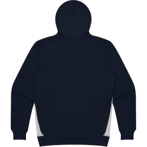 A navy blue hoodie with a hood and contrasting side panels. It features a logo on the back.