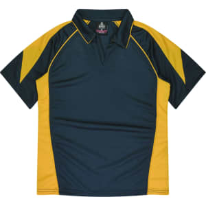 A polo shirt in dark green with yellow accents, featuring a collar and short sleeves. It has a logo on the chest.