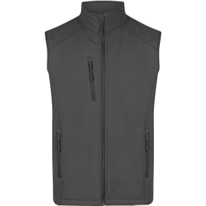A grey work vest with a high collar, featuring a front zip and multiple zippered pockets. It has a logo.