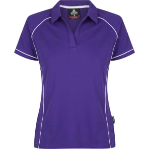 A purple women's polo shirt with contrasting white piping and a collar. The shirt features a logo on the front.