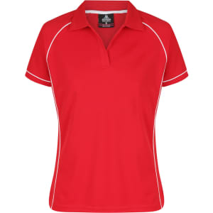 A red polo shirt featuring white piping and a collar, designed for women, with a logo on the tag.