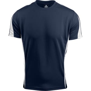 A navy blue t-shirt with white side panels and a logo on the collar. Ideal for casual wear.