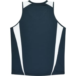 A dark navy singlet featuring contrasting white panels on the sides. The garment has a logo on it.