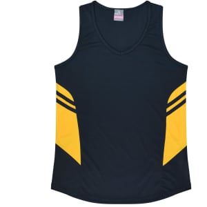 A dark blue singlet with yellow accent panels on the sides. The garment has a soft fabric and a v-neck design.